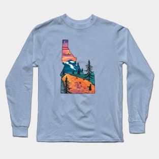 Fly Fishing Idaho State Map Mountain Sunset River Retro Long Sleeve T-Shirt